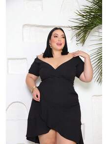 Plus Size Women's Off-The-Shoulder Short Wrap Dress Short Sleeve Mullet Sexy Neckline - 黑色 - 查看 6