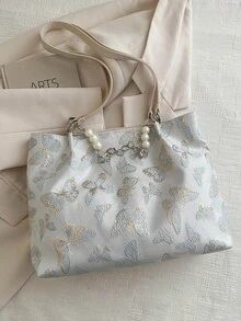 Frühlings-Neuheit, einfache unifarbene Schmetterling Damen Shopper Tasche mit großer Kapazität und Perlenkette - Blau - Übersicht 7