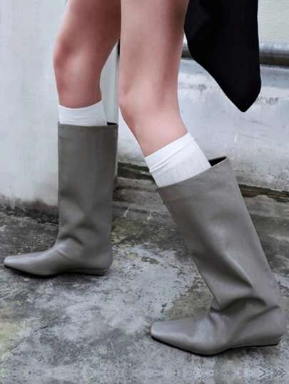 Fall/Winter French Blogger Style Pointed Toe Wide Shaft Thigh High Boots, Ins Nordic Kitten Heel Equestrian Boots For Women,Kitten Heels