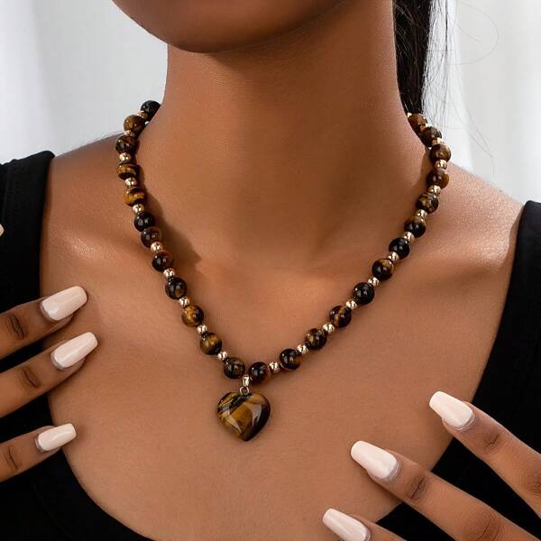 Elegant Vintage-Inspired Tiger Eye & Cat's Eye Stone Beaded Heart Pendant Necklace - Perfect For Parties, Birthdays, And Everyday Glamour(No Card)