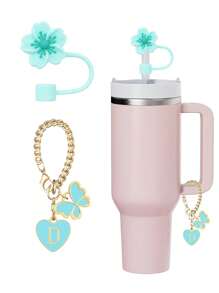 2pcs Accessories Designed For 30-40oz Cups: 1pc Blue Cup Letter Marker & 1pc Reusable Silicone Camellia Straw Topper, 10mm Big Diameter Straw Lid, Cute Letter Decor Fit For Modern Simple Glass Cups - Blue - View 19