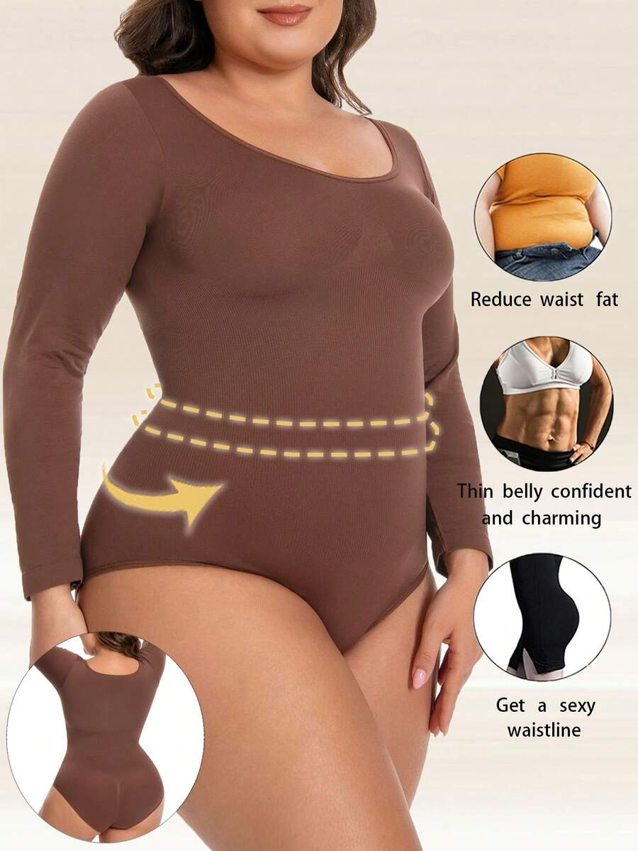 Plus Size Women Shapewear Long Sleeve Tummy Control Seamless Bodysuit