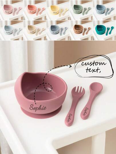 3PCS Personalized Customization Name Baby Silicone Tableware Suction Bowl Soft Spoon Fork Feeding Learning Sets For Baby Solid Color Utensils Kids Custom Food Storage Baby Shower Family Decorations Gifts Winter Eve Gifts Back To School Winter Gift Ideas Boy Girl Valentine's Day,Multi-Functional,Ornamental,Letter,Stylish,Modern,Colorful,Cute,Adorable,Casual,Custom,Personalised,Unique,Customized,Ideal Gifts For Him,Ideal Gifts For Her, Son, Daughter,Christmas Gift