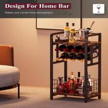 Ansionsol 3-Tier Wine Rack Freestanding Floor With Wood Top, Liquor Stand With Wine Bottle Holder, Corner Mini Bar Table For Small Space, Metal Whiskey Shlef For Kitchen, Cellar, Living Room, Black