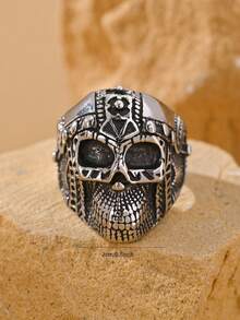 1pc Dark Punk Style Stainless Steel Distressed Carved Skull Ring, Men's Streetwear And Rock Party Accessory Gift For Boyfriend - Ring - View 5