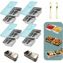 Recipientes reutilizables de acero inoxidable con tapas (4 PIEZAS) - Compartimentos dobles a prueba de fugas, portátiles para salsas, condimentos, viajes y campamento al aire libre - blanco plateado - Ver 1