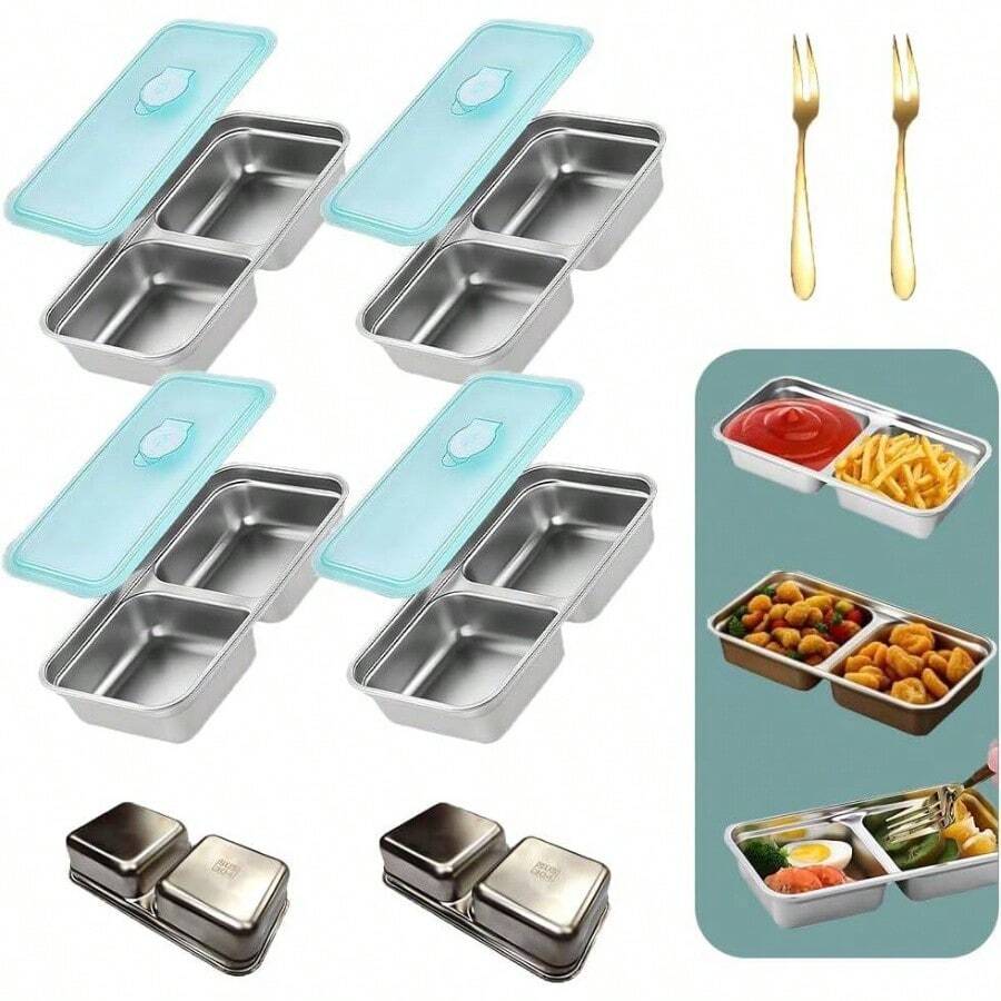 Recipientes reutilizables de acero inoxidable con tapas (4 PIEZAS) - Compartimentos dobles a prueba de fugas, portátiles para salsas, condimentos, viajes y campamento al aire libre - blanco plateado - Ver 1