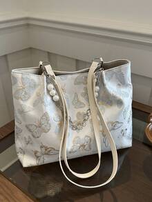 Frühlings-Neuheit, einfache unifarbene Schmetterling Damen Shopper Tasche mit großer Kapazität und Perlenkette - Blau - Übersicht 9