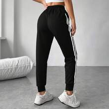 Urban Style Pants Jogger Mujer Gym Slim Fit Dama Deportivos  A rayas  Color combinado    Básico    Bolsillo  Raya lateral  Nudo    Diario - Negro - Ver 5