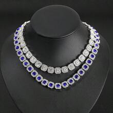 Alloy Necklace Round Rock Candy Blue Sapphire Cuban Chain Light Luxury Style Personality Unisex Sugar Cube Clavicle Necklace - 銀色8inch(藍鑽) - 查看 1