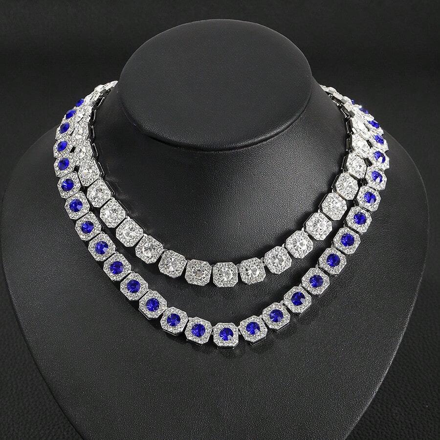 Alloy Necklace Round Rock Candy Blue Sapphire Cuban Chain Light Luxury Style Personality Unisex Sugar Cube Clavicle Necklace - 銀色8inch(藍鑽) - 查看 1