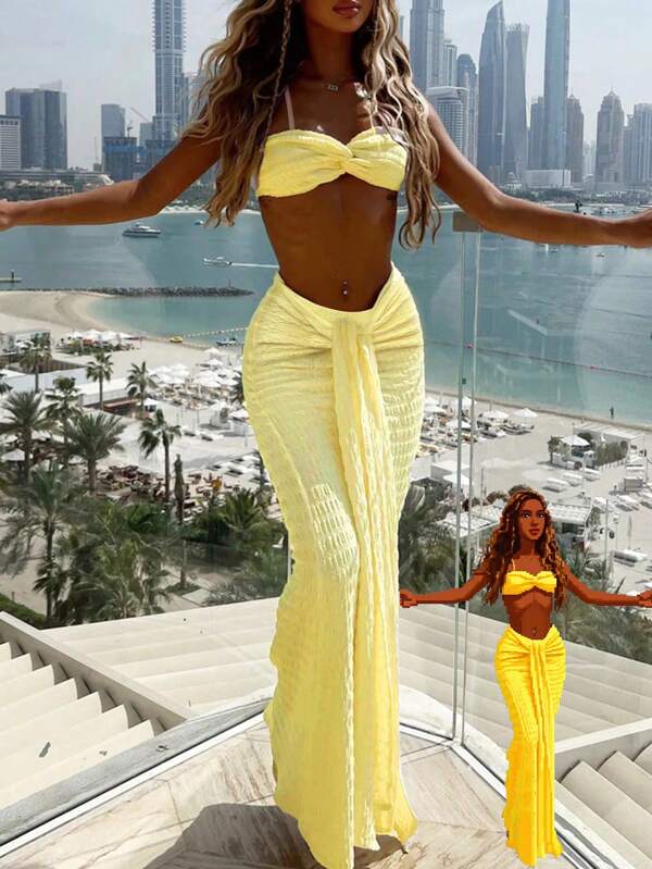 Conjunto de dos piezas con top corto con diseño de torsión con textura amarilla y vestido largo tipo maxi, adecuado para fiesta, cita, vacaciones, regreso a clases, temporada de graduación