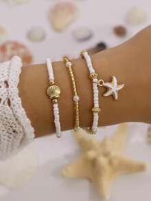 3pcs Bohemian Style Shell & Pearl Beaded Bracelet Set With Starfish Pendant For Women, Pearl Colors Randomly Matched - Multicolor - View 4