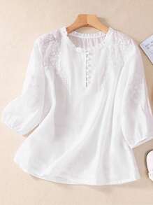Women's Casual Shirt Embroidered Loose Boho Vintage Mid-Sleeve Blouse Solid Color Summer/Autumn