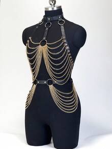 Set de 2 arneses de Body completo sexy para mujer con cadenas, cinturón de cintura de piel de PU, accesorio de estilo punk gótico, adecuado para citas diarias - Dorado - Ver 8