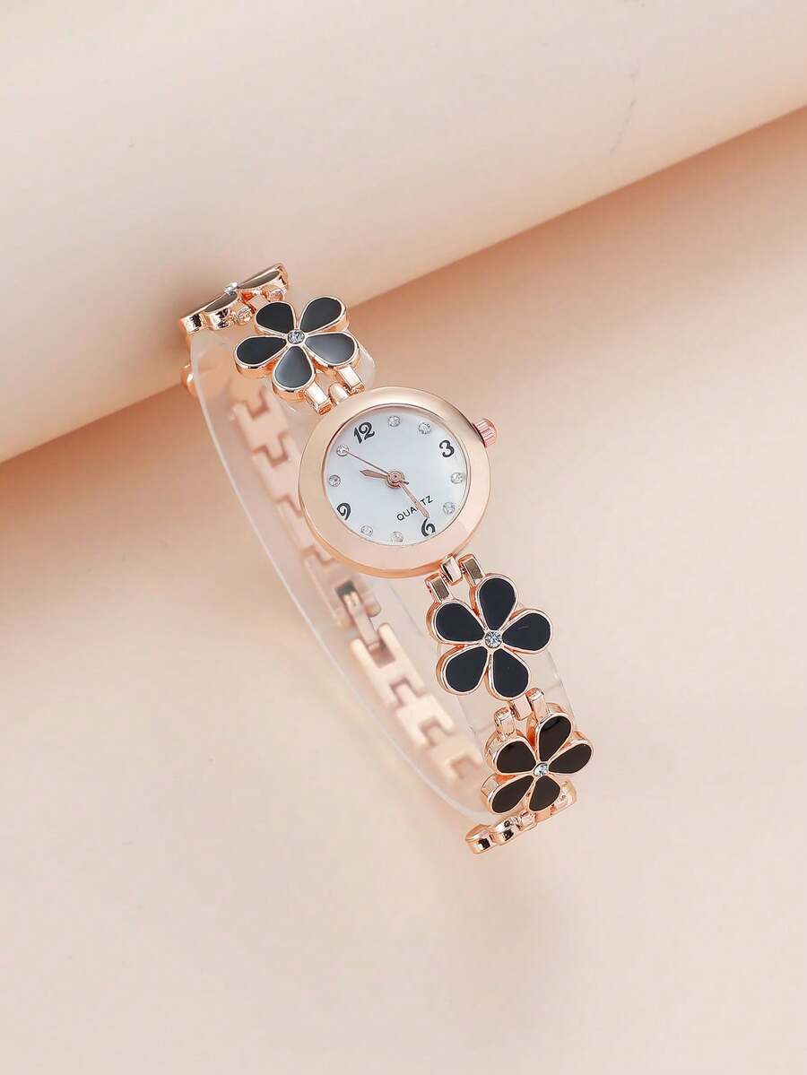 Casual Fashion Classic Flower Design Bracelet Watch Women Quartz Watches - Black - View 1