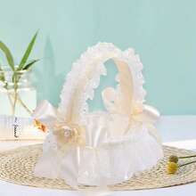 Flower Girl Baskets Western Lace Trim Wedding Basket With 3D Flowers  Bows For Party Prom Celebration - 乳白 - 查看 2