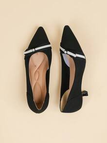 女士尖头一脚蹬针织纯色平底鞋，新款珍珠带休闲加大码法式小猫跟 4 厘米正装鞋，可爱风格 - 黑色 - 查看 5