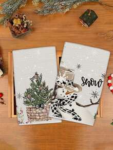 4pcs Christmas Themed Decorative Towels, Vintage Style Snowflake, Reindeer, Christmas Tree Pattern Fabric Decorative Dish Towels, Suitable For Christmas Fireplace, Dining Room, Kitchen, Christmas Decorations