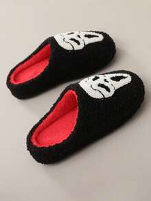 1双万圣节男士卡通骷髅柔软防滑厚底舒适保暖趣味情侣拖鞋 - 黑色 - 查看 6