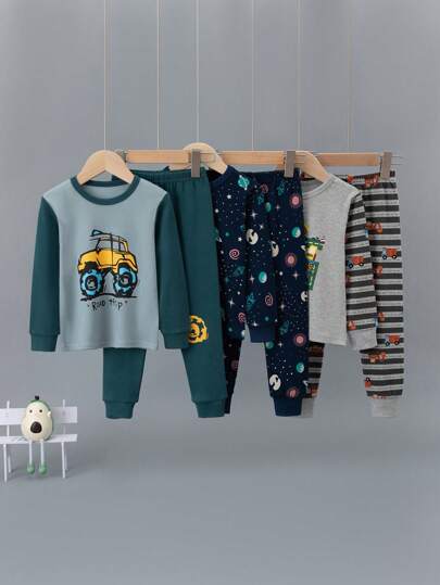 Set de 6 piezas de ropa interior de algodón con estampado de autos para niños, pijama de manga larga gruesa con estampado de dibujos animados, conjunto de ropa de dormir de algodón