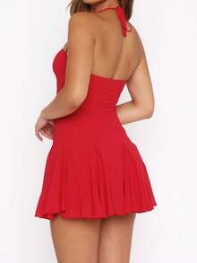 Women's Summer Halter Dresses Sleeveless Ruffle Hem A Line Swing Loose Mini Dress - 紅色 - 查看 4