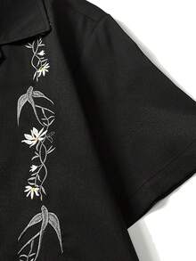 极简刺绣衬衫，对称花卉刺绣，鸽子花衬衫，休闲装，男士衬衫 - 黑色 - 查看 5