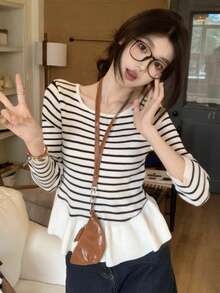 女式荷叶边撞色条纹长袖针织毛衣，修身短款上衣，春秋季 - 白色 - 查看 2