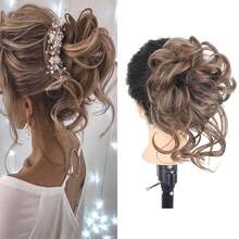 Moño de pelo negro con scrunchie, moño, moño desordenado, piezas de cabello, piezas de cabello despeinado, piezas de cabello para mujeres y niñas (negro natural) - #18H10 (Rubio platino mixto rubio fresa) - Ver 10