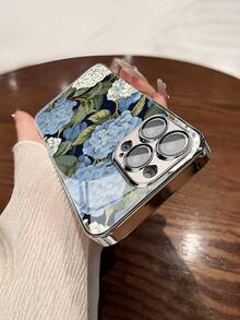1pc Fashionable Hydrangea Pattern Tempered Glass Material With Built-In Lens Film Electroplated Anti-Fall Scratch-Resistant Anti-Fingerprint TPU Full Edge Soft Phone Case Compatible With Apple Models - Multicolor - View 4