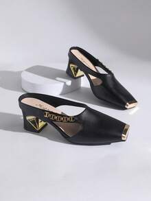 2025 New Color Block Patchwork Casual PU Leather Smooth High Heel Shoes Outdoor Autumn Winter All Season Women's Shoes Metal Square Toe - Black - View 7