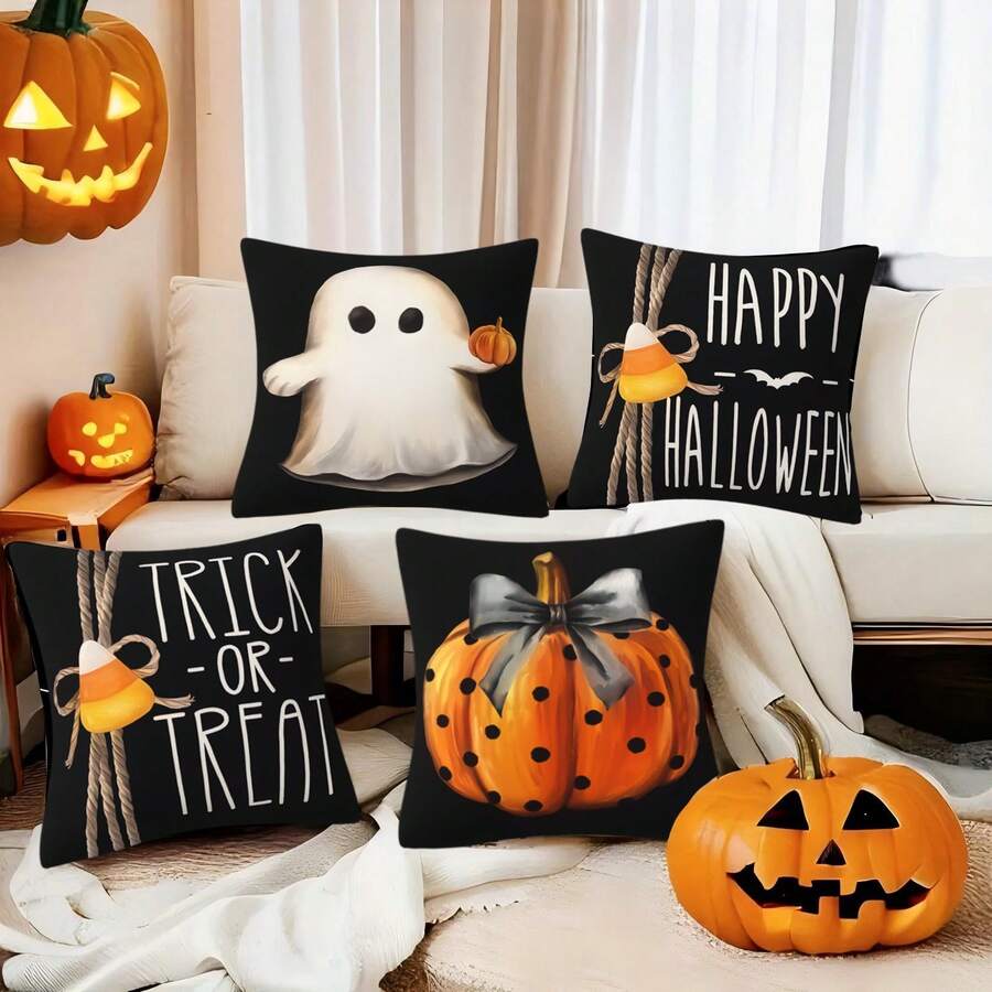 4pcs Halloween Pillow Covers, Happy Halloween Ghost & Pumpkin Design, Cartoon Peach Velvet Single-Sided Printed Cushion Covers With Zipper Closure, No Pillow Insert Included, Halloween Home Decor, Suitable For Home, Living Room, Sofa, Bed, 18 X 18 Inches - Multicolor - View 1