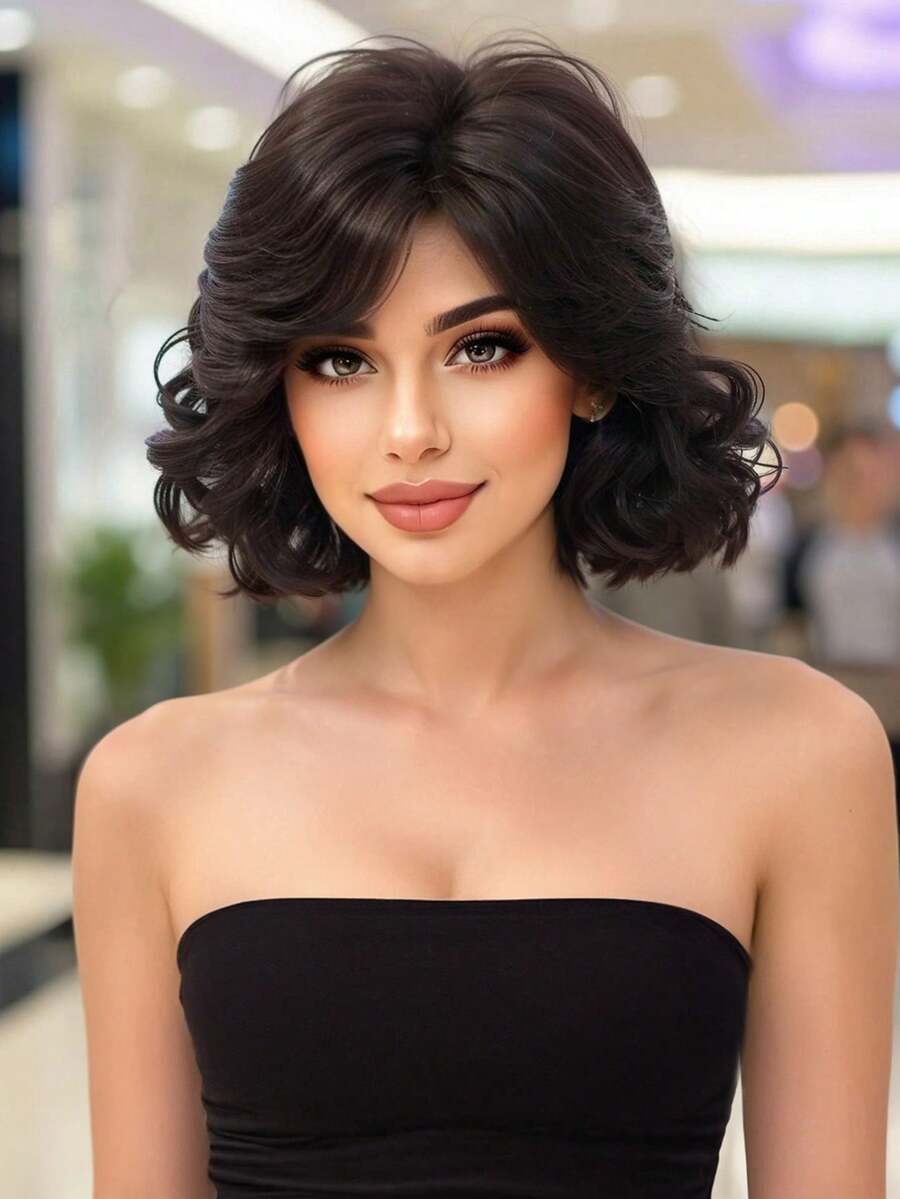 优雅蓬松女士假发深棕色 12 英寸短卷发假发，带刘海，编织合成女士假发，适合日常和节日佩戴 - Dark Brown - 查看 1