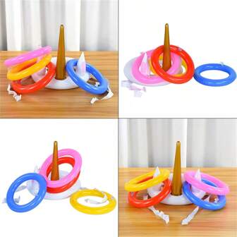 1 set PVC opblaasbaar eenhoorn ringwerpspel met 4 ringen, verjaardagscadeau, binnen- en buitenspeelgoed, opblaasbaar speelgoed, familiefeestspellen