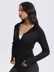 女士秋冬瑜伽外套，运动跑步骑行外套，保暖长袖健身拇指孔外套，拉链上衣，抓绒 - 黑色 - 查看 6