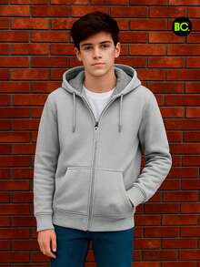 Sudadera térmica con gorro para niño en varios colores, chamarra afelpada interior borrega con cierre frontal y bolsillos tipo canguro, abrigo juvenil casual cálido para invierno, suéter con capucha de felpa para clima frío, ropa cómoda de exterior escolar o diaria - Gris - Ver 2