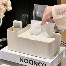 1 pieza Caja de almacenamiento multifuncional de estilo crema para el escritorio, caja de pañuelos con tapa abatible a prueba de polvo con compartimento organizador para control remoto, mantiene el escritorio ordenado, adecuado para el comedor, la cocina, el tocador del dormitorio y la decoración del hogar