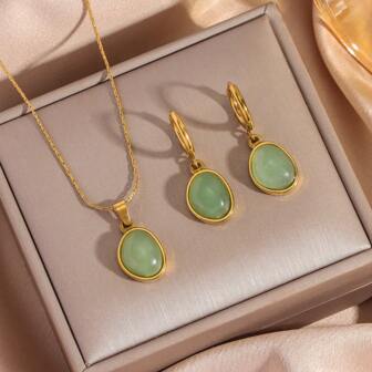 Mint Green Teardrop Pendant Titanium Steel Necklace & Earrings Set, Luxurious High-End Vintage Style Stainless Steel Jewelry