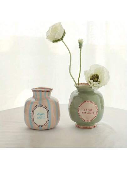 1pc painted Asymmetrical Ceramic Flower Vase, Roze Groen Heart Pattern Home Accessory Room Glass Vase view 5