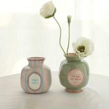 Joivida 1pc Handpainted Asymmetrical Ceramic Flower Vase, Pink & Green Heart Pattern Vase, Home Decor Accessory - Multicolor - View 5