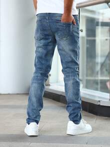 Casual Fashion Versatile Daily Slim Fit Simple Button Men Jeans - Blue - View 5