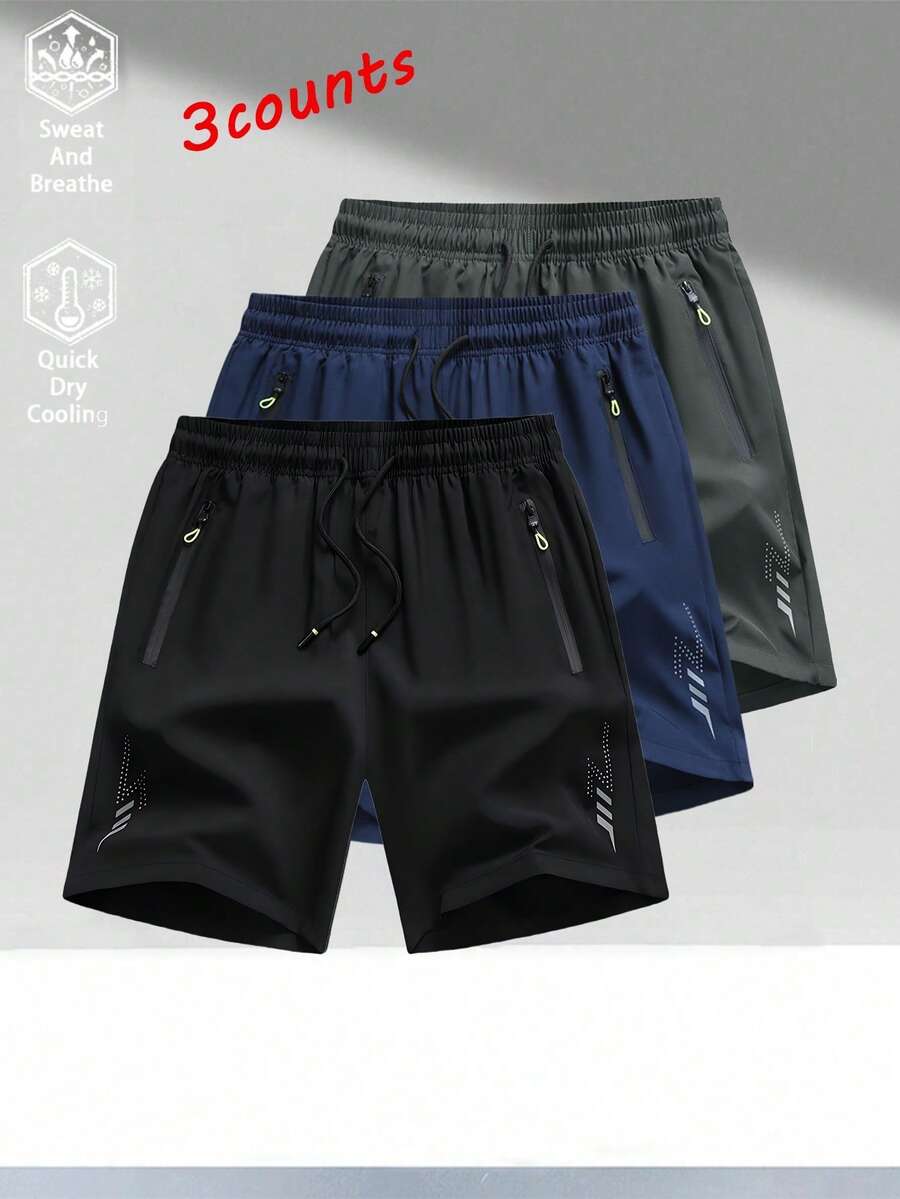 3pcs Men's Casual Sports Shorts, Loose Fit Quick Dry With Reflective Stripes, Pockets, Zipper Waist And Drawstring, Suitable For Fitness, Running And Outdoor Activities - Nhiều màu - Xem 1