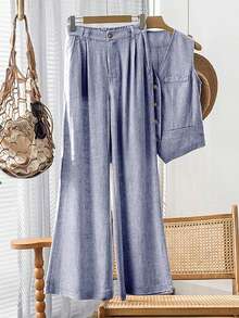 Women's Casual Summer Vacation Linen-Look Sleeveless Blazer & Wide Leg Pants Set