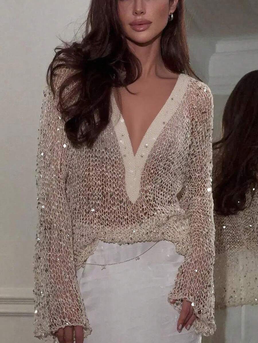 Yuwenier Sexy Plunging Neck Hollow Out Seethrough Sequin Crochet Cover-Up Batwing Long Sleeve Loose Fit Tops Going Out Party Halloween Outfits For Women - Apricot - View 1