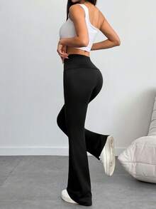 Women's 3-Piece Casual Solid Color Wide-Waist Flare Pants, Leggings Fold-Over Waist High Waist Ruched Slim Fit,Outdoor Clothing Fall Outfits For Women - 黑灰藏藍 - 查看 8
