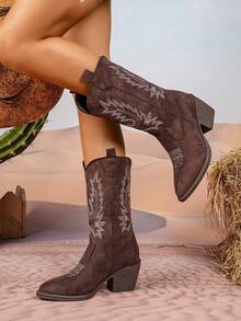 1 Pair Chunky Heel Western Boots For Teens, Fashion European American Style Mid-Calf Slip-On Boots For Plus Size, Casual Daily Wear & Holiday, Autumn/Winter - Coffee Brown - View 1