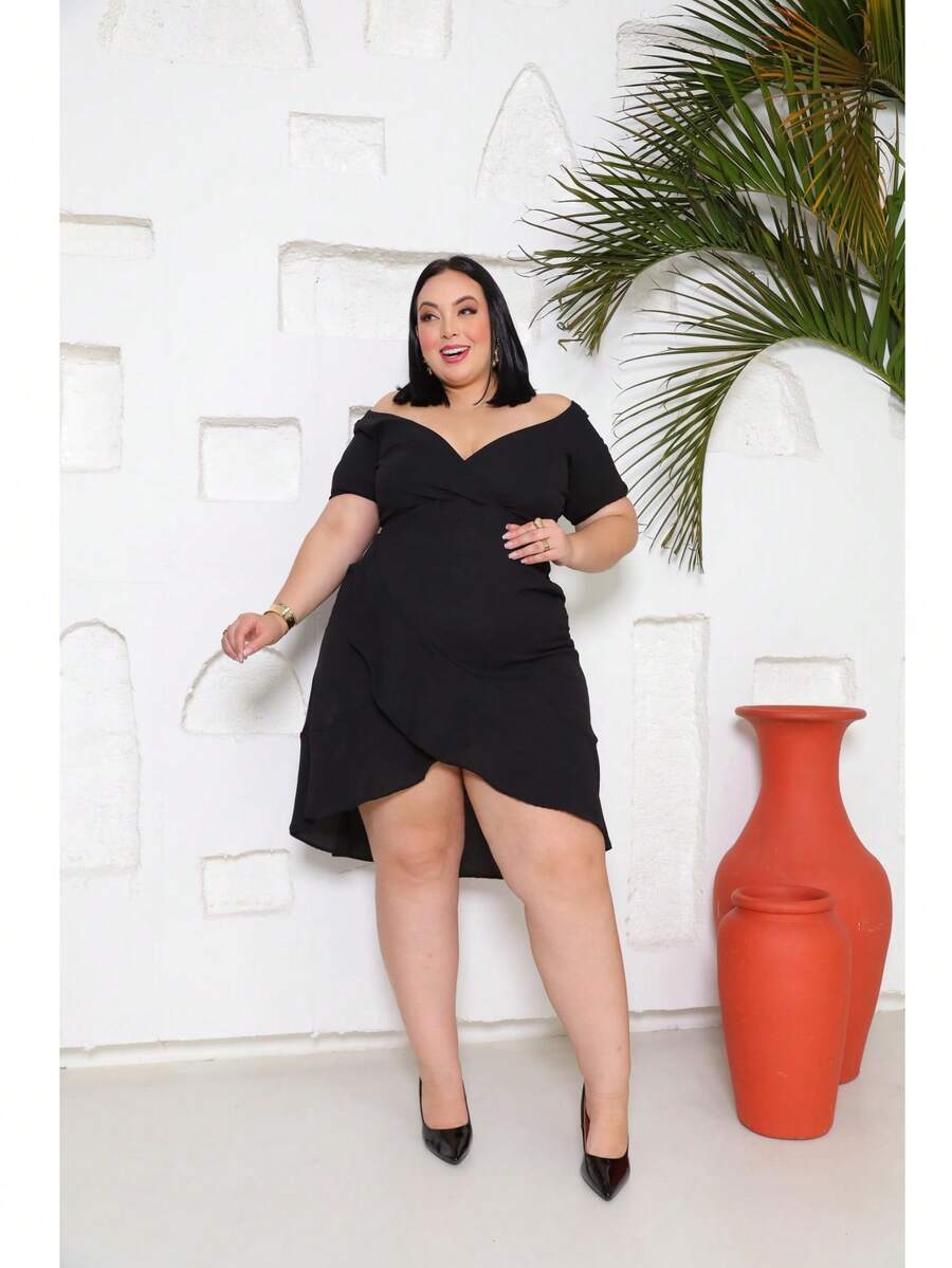 Plus Size Women's Off-The-Shoulder Short Wrap Dress Short Sleeve Mullet Sexy Neckline - 黑色 - 查看 1