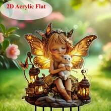 1pc/2pcs Acrylic Fairy & Kitty Garden With Lantern, Butterfly & Lighting Effect, Suitable For Outdoor Art, Yard Garden Display, Fairy Garden Decor, Creating Dreamy Atmosphere, 2D - Multicolor-ground Plug - View 4