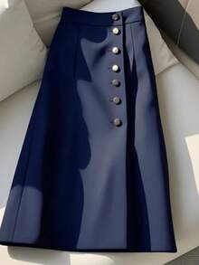 Women's Fashionable Elegant Casual Metal Button Front Fitted Skirt, Versatile For Commute And Daily Wear, Summer - Navy Blue - View 2