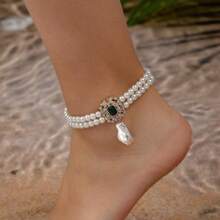 1 件时尚优雅双排仿珍珠方形水钻镶嵌男女通用脚链，适合日常佩戴 - 彩色 - 查看 8